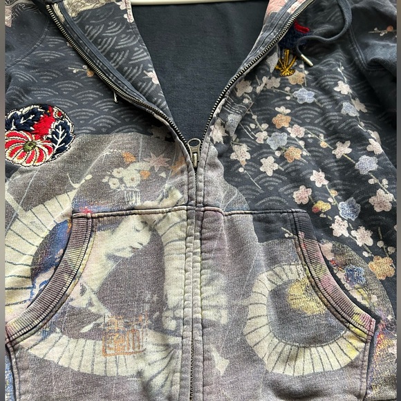 Y2K Rare Vintage Lucky Brand Asian Art Geisha Zip Up Hoodie Embroidered EUC Lg - Picture 5 of 16